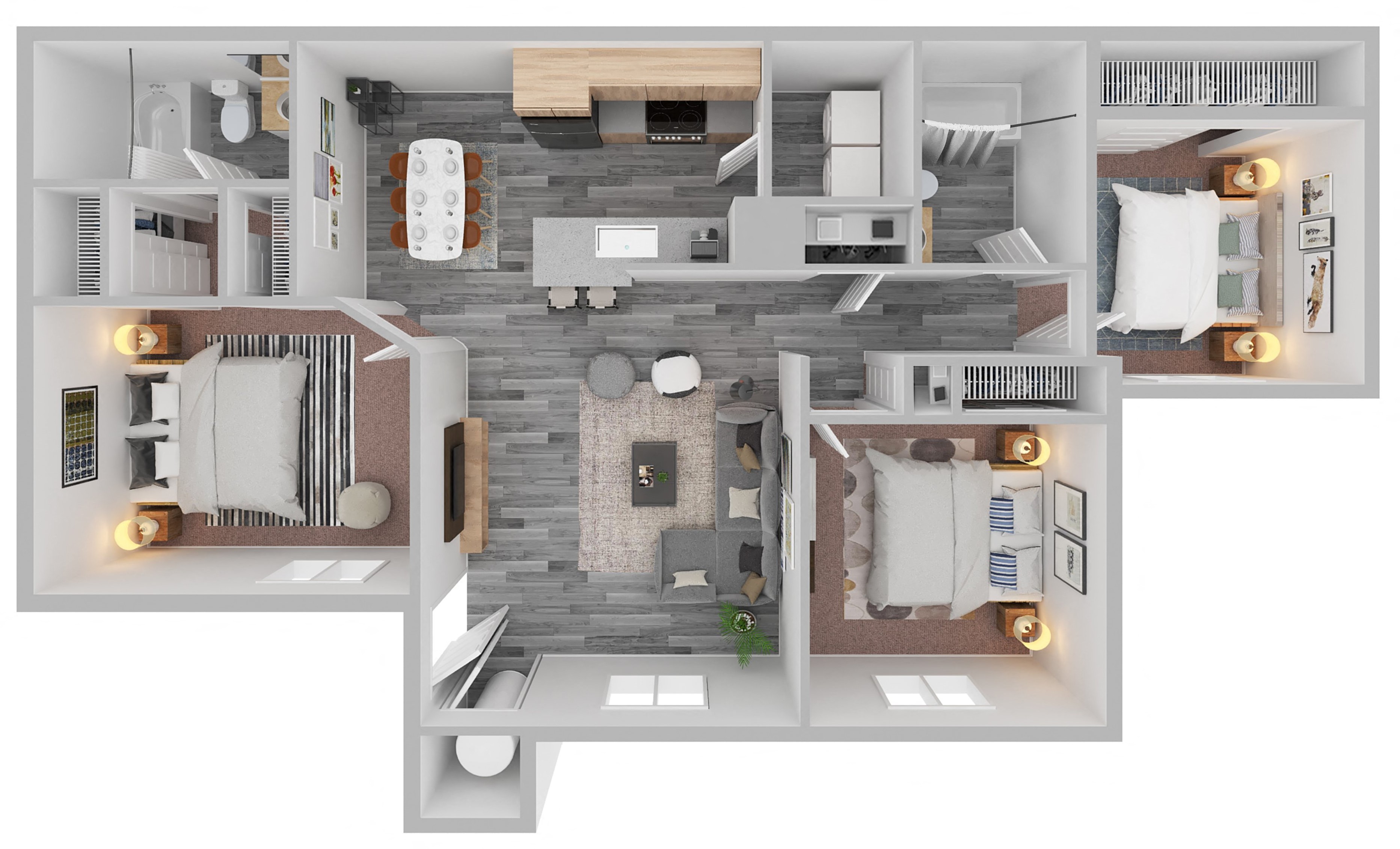 Floor plan for 3 beds, 2 baths, 1050 sqft